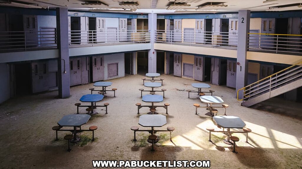 Interior of a two-tier cell block at the abandoned Cresson State Prison in Cambria County, PA, featuring metal inmate tables on the floor and rows of numbered cell doors above and below.