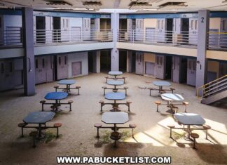Exploring the Abandoned Cresson State Prison in Cambria County Interior of a two-tier cell block at the abandoned Cresson State Prison in Cambria County, PA, featuring metal inmate tables on the floor and rows of numbered cell doors above and below.