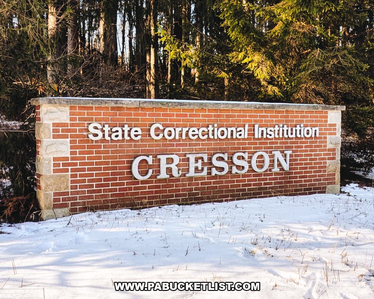 Brick entrance sign for the former State Correctional Institution Cresson in Cambria County, PA, surrounded by snow and evergreen trees.