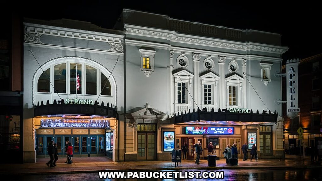 Nighttime view of the Strand and Capitol Theatres at the Appell Center for the Performing Arts in downtown York, Pennsylvania.