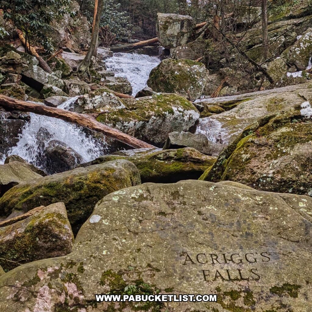 Moss-covered boulders and cascading water at Acrigg’s Falls along Rattling Run near Bordner Cabin in Swatara State Park, Lebanon County, Pennsylvania, with the name “Acrigg’s Falls” engraved into a large foreground rock.