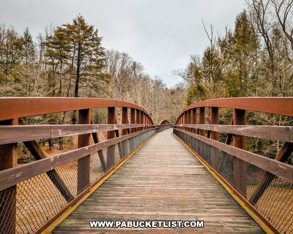Pedestrian bridge across Swatara Creek near Bordner Cabin in Swatara State Park, Lebanon County, Pennsylvania, with wooden decking and rust-colored railings stretching through a forested landscape.