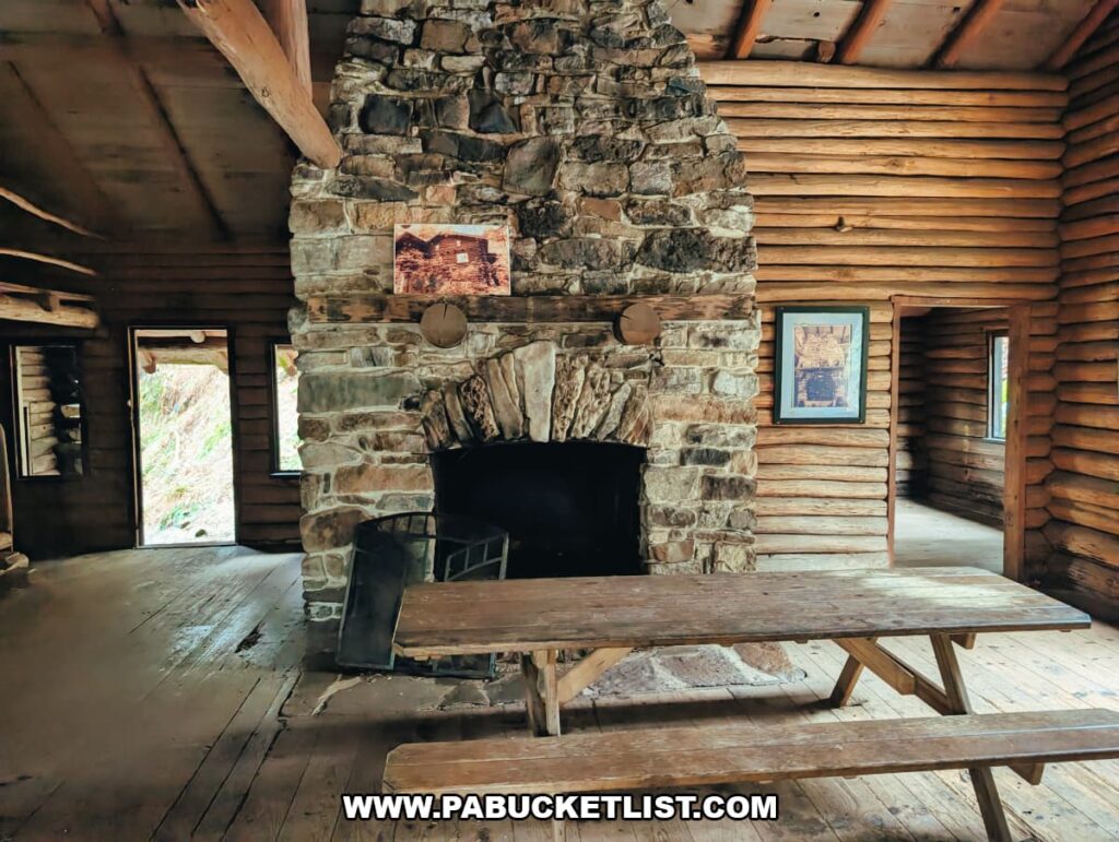 Interior of Bordner Cabin at Swatara State Park in Lebanon County, Pennsylvania, featuring a large stone fireplace, log walls, wooden beams, and a picnic-style table inside the historic hand-built cabin.