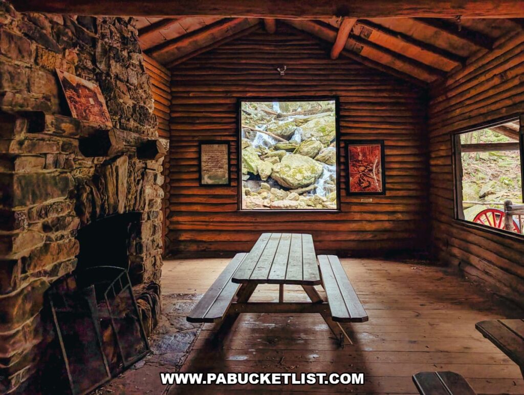 Interior of Bordner Cabin at Swatara State Park in Lebanon County, Pennsylvania, showing log walls, a large stone fireplace, and a wooden picnic table in the main room with a window view of Acrigg’s Falls.