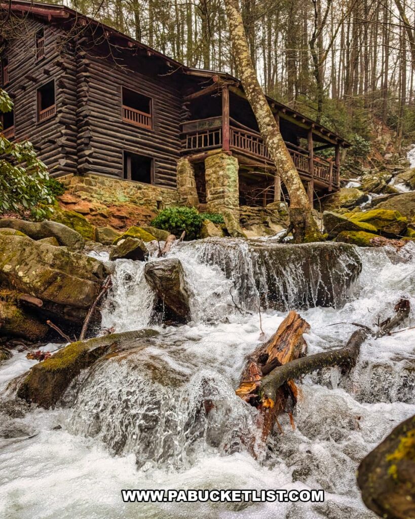 Bordner Cabin overlooking Acrigg’s Falls along Rattling Run in Swatara State Park, Lebanon County, Pennsylvania, with cascading water flowing over mossy boulders below the historic log cabin.
