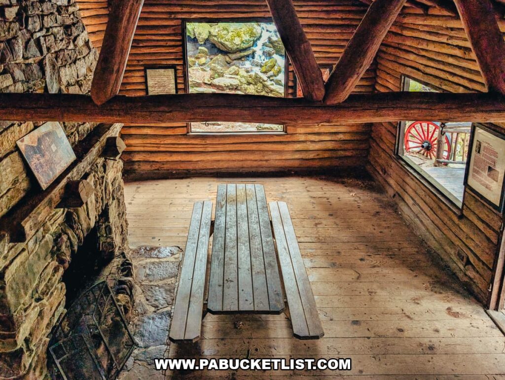 View from the loft inside Bordner Cabin at Swatara State Park in Lebanon County, Pennsylvania, overlooking the main room with log walls, exposed beams, a stone fireplace, and a wooden picnic table.