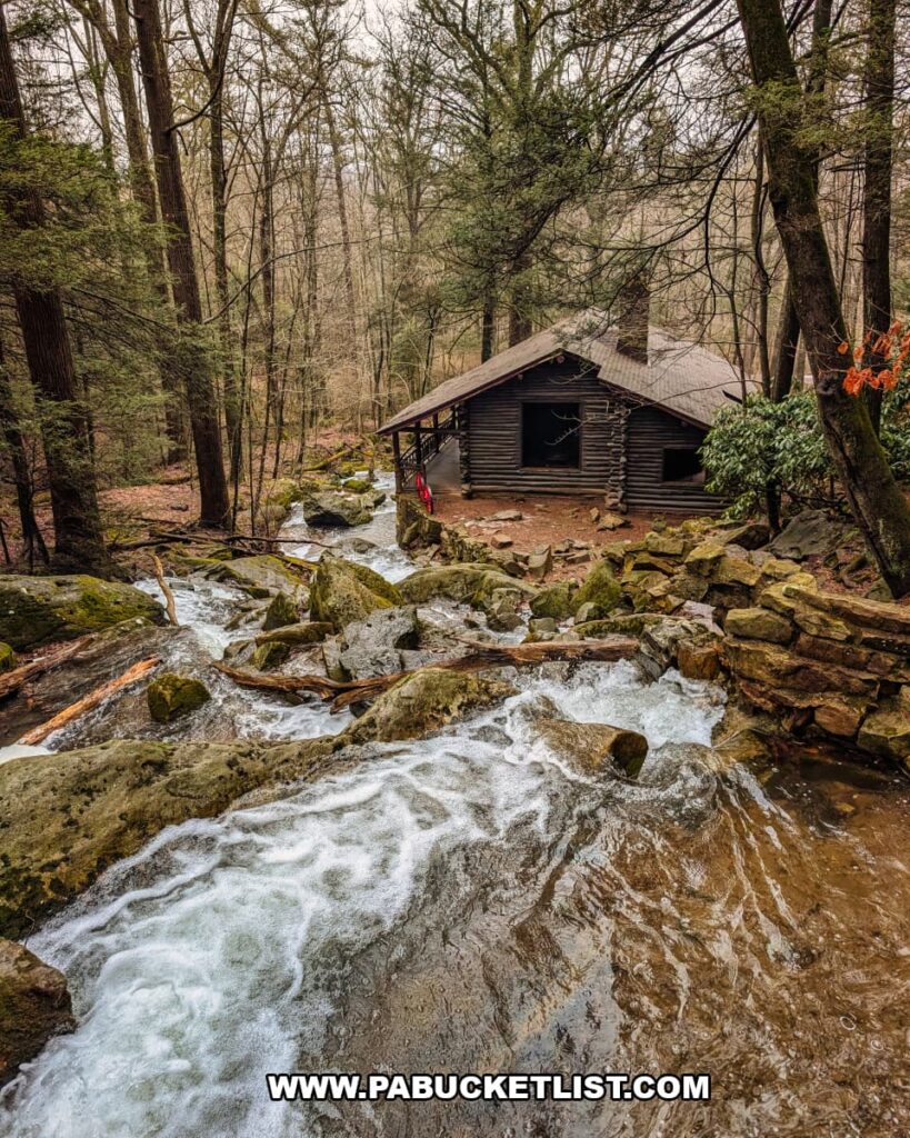 Rattling Run cascading over rocks beside Bordner Cabin in Swatara State Park, Lebanon County, Pennsylvania, with the historic log cabin nestled among trees along the rushing stream.