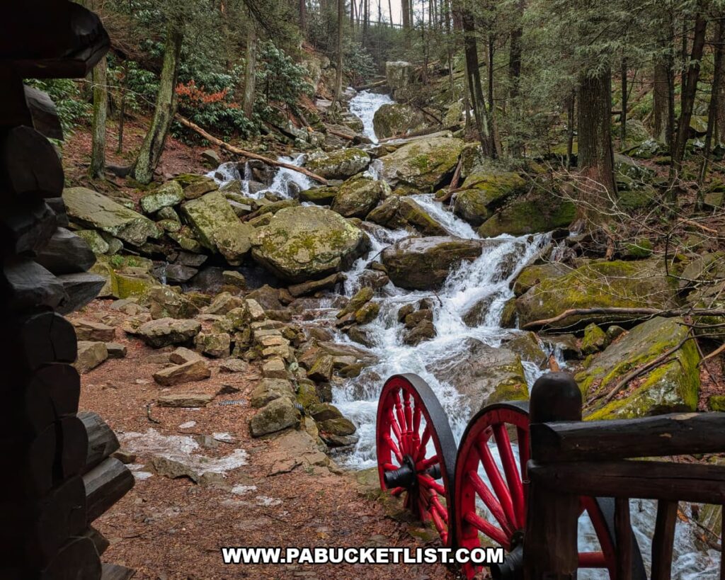 View of Acrigg’s Falls along Rattling Run from the porch of Bordner Cabin in Swatara State Park, Lebanon County, Pennsylvania, with cascading water and decorative red wagon wheels beside the historic log cabin.