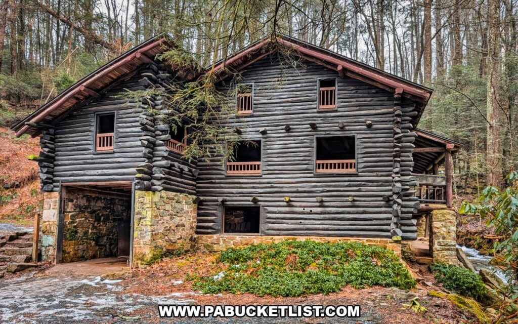 Exterior view of Bordner Cabin in Swatara State Park, Lebanon County, Pennsylvania, showing the historic log structure built into a hillside beside Rattling Run.