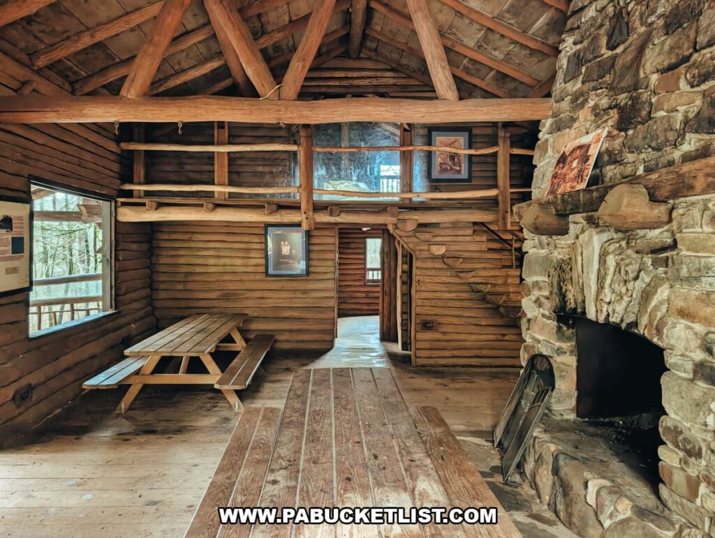 Interior view of the great room inside Bordner Cabin at Swatara State Park in Lebanon County, Pennsylvania, featuring log walls, exposed timber beams, a loft, picnic table, and a large stone fireplace.