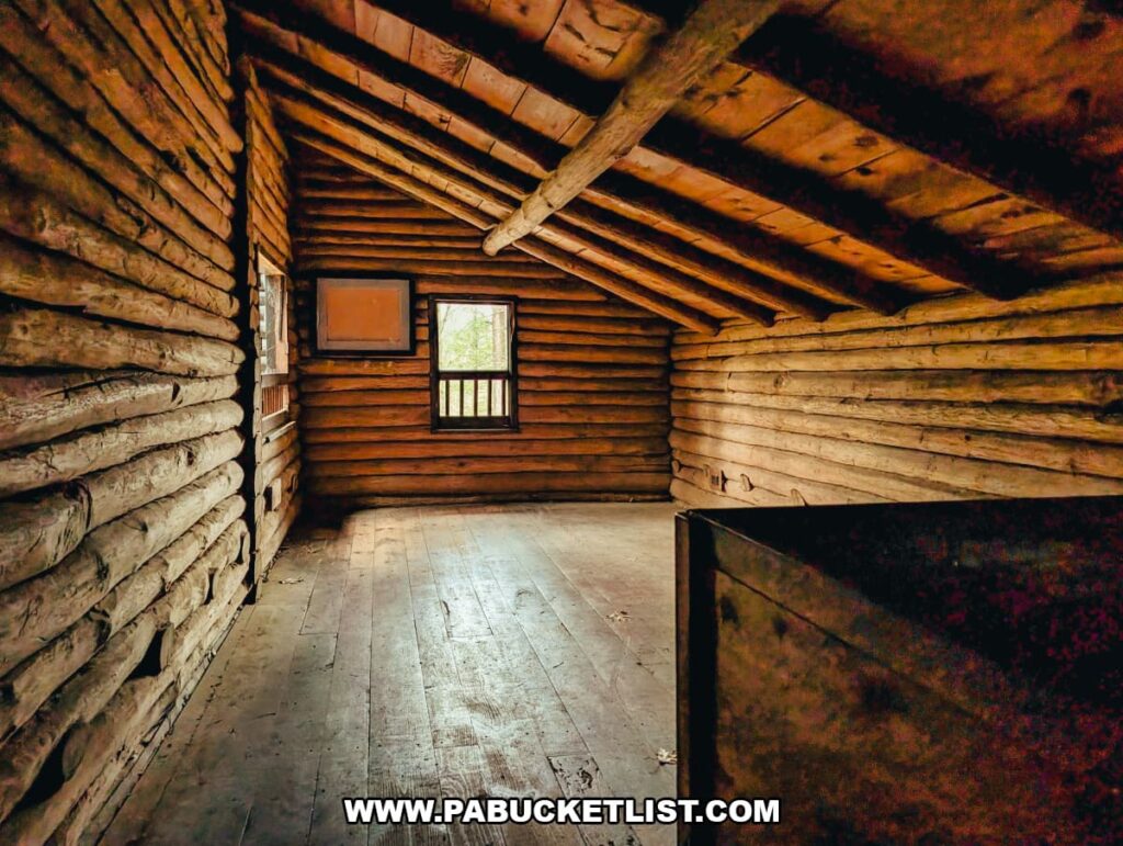 Upstairs room inside Bordner Cabin at Swatara State Park in Lebanon County, Pennsylvania, featuring log walls, exposed wooden beams, and a small window overlooking the surrounding forest.