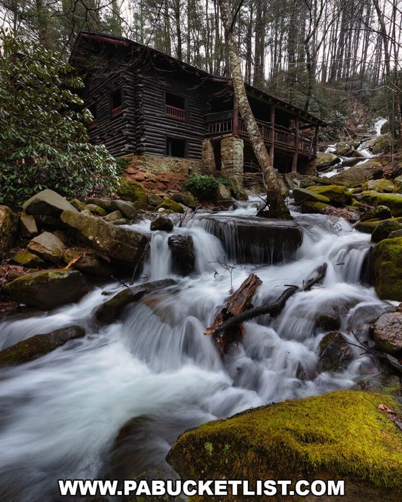 Bordner Cabin beside cascading waterfalls along Rattling Run at Acrigg’s Falls in Swatara State Park, Lebanon County, Pennsylvania, with moss-covered rocks and forest surrounding the historic log cabin.