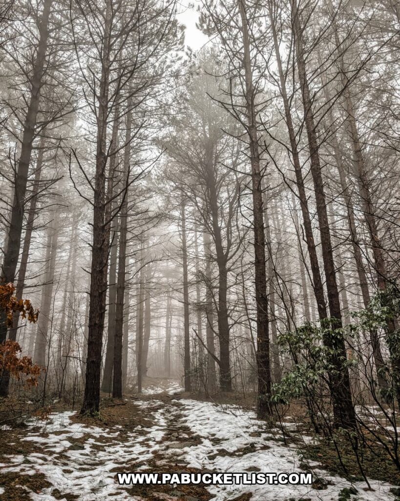 Snow-dusted hiking trail winding through tall hemlock trees in the fog on State Game Lands 211 near Boxcar Rocks in Lebanon County, Pennsylvania.
