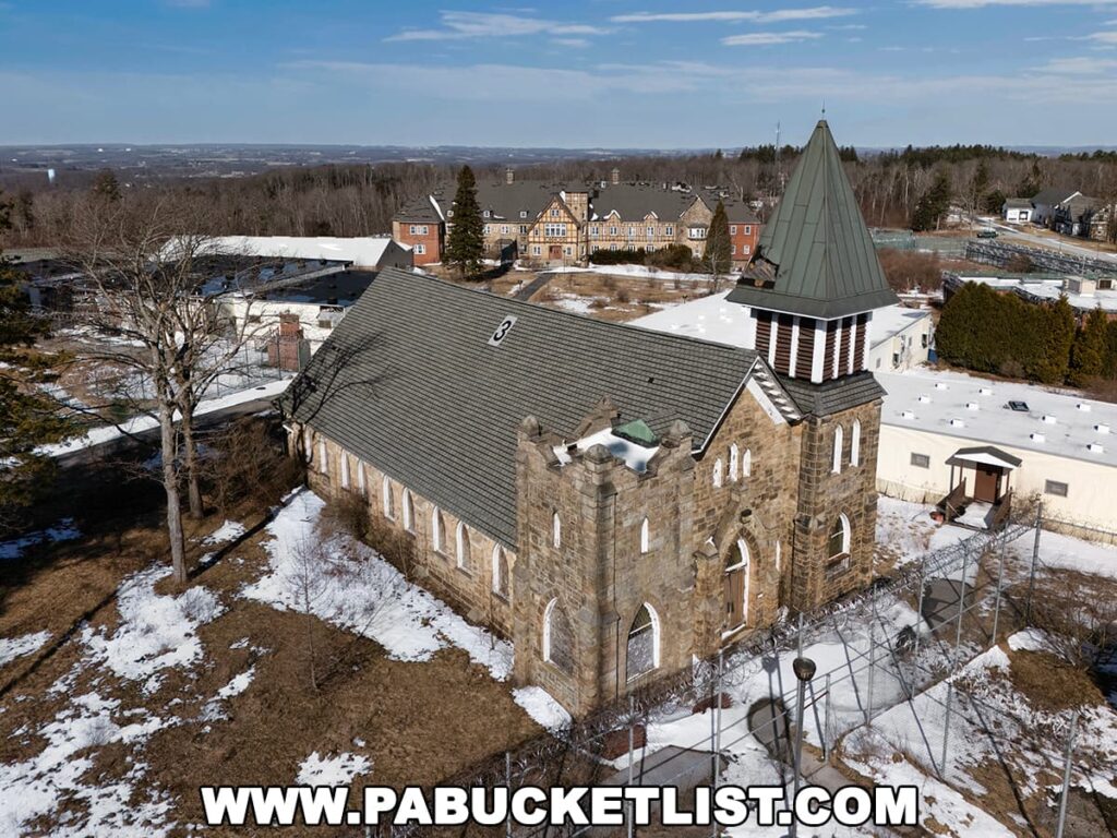 Aerial view of Grace Chapel at the abandoned Cresson State Prison in Cambria County, PA, showing the stone church building with a tall steeple, surrounded by fencing and patches of snow.