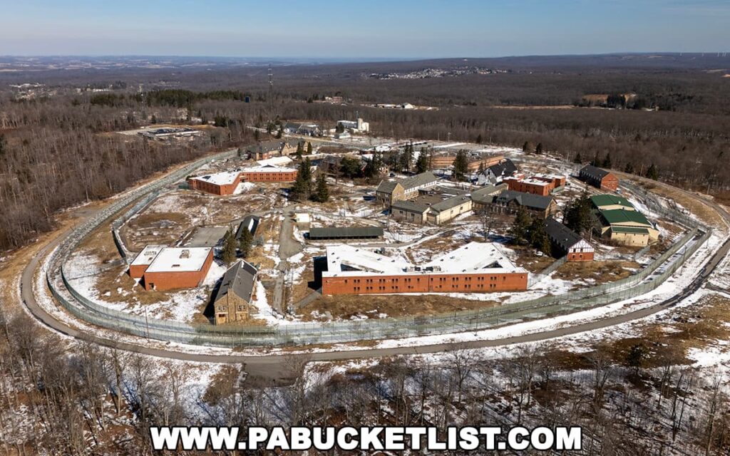 Wide aerial view of the abandoned Cresson State Prison complex in Cambria County, PA, showing multiple buildings surrounded by fencing and patches of snow across the grounds.
