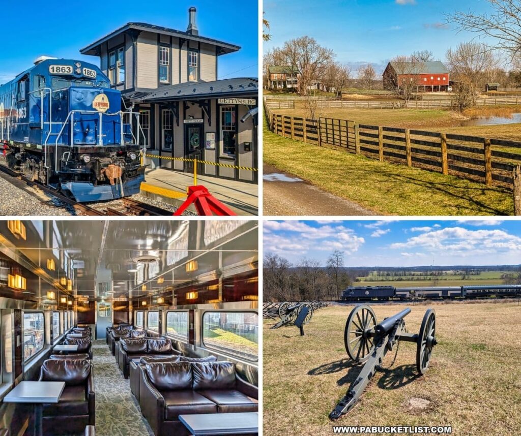The Gettysburg Railway offers scenic train excursions past Civil War landmarks and countryside near Gettysburg Battlefield in Adams County, PA.