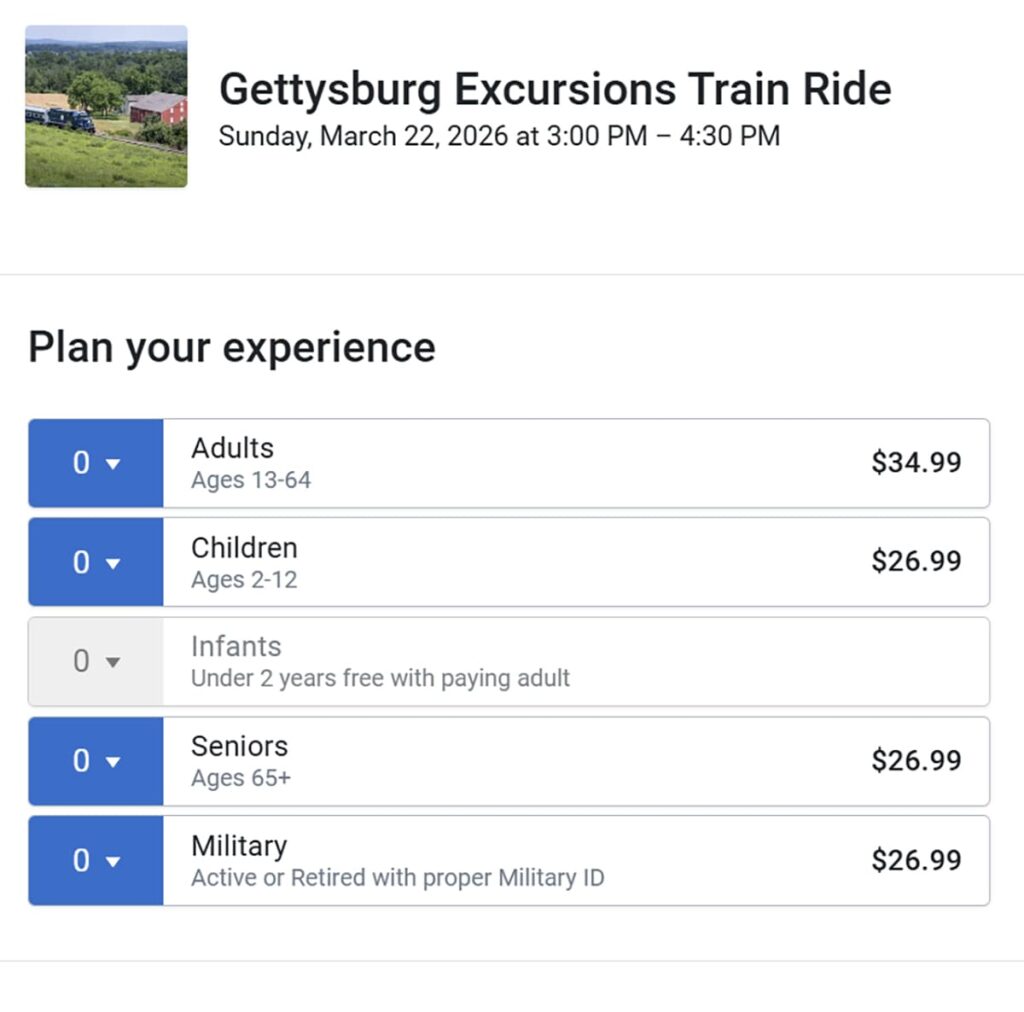 Gettysburg Railway ticket prices as of March 2026.