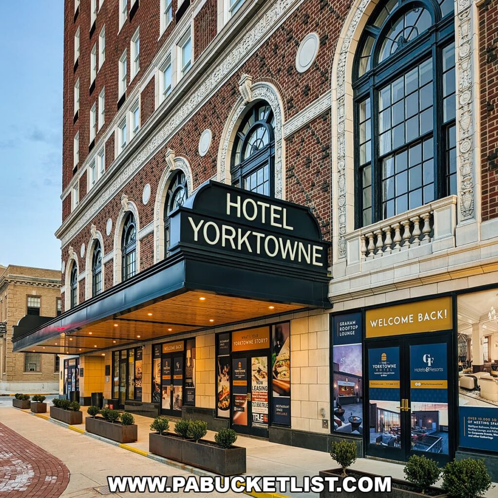 Exterior view of the historic Hotel Yorktowne in downtown York, Pennsylvania, located near the Appell Center for the Performing Arts.