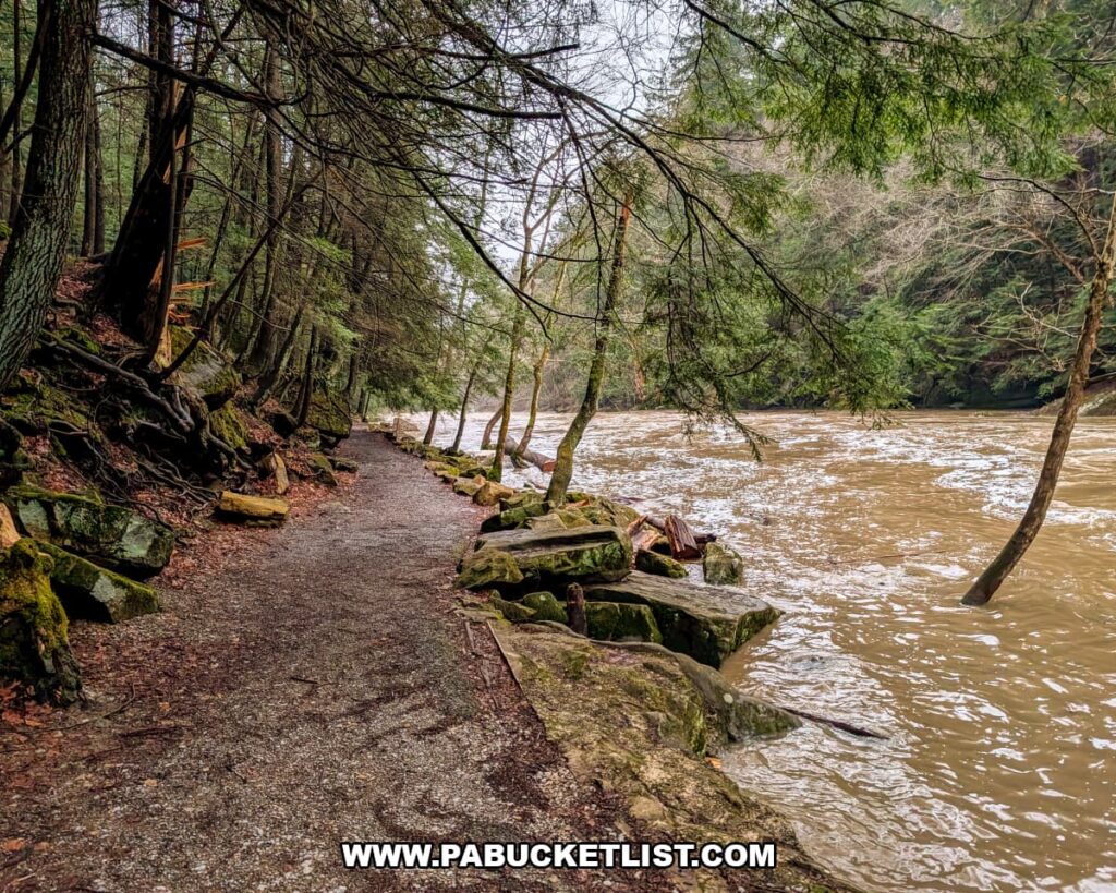 Kildoo Trail running beside the rushing waters of Slippery Rock Creek at McConnells Mill State Park in Lawrence County, Pennsylvania.