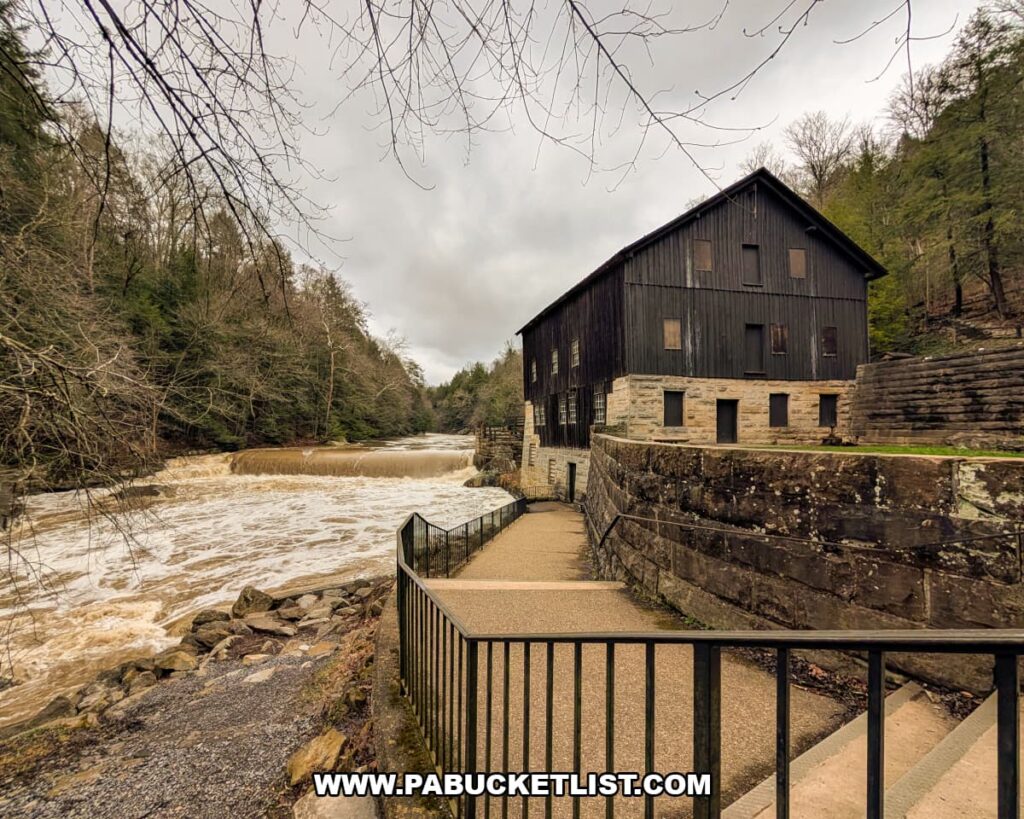 Historic McConnells Mill gristmill beside Slippery Rock Creek at McConnells Mill State Park in Lawrence County, Pennsylvania.