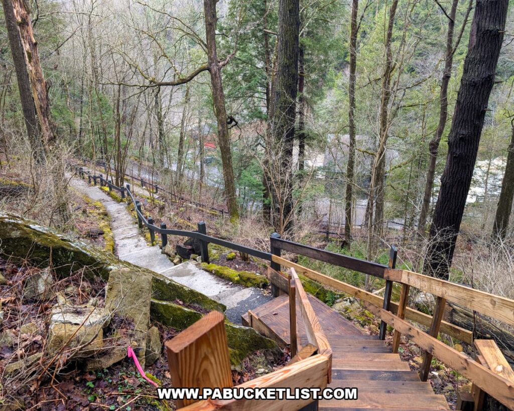 Wooden stairs and steep section of the Kildoo Trail descending toward Slippery Rock Creek at McConnells Mill State Park in Lawrence County, Pennsylvania.