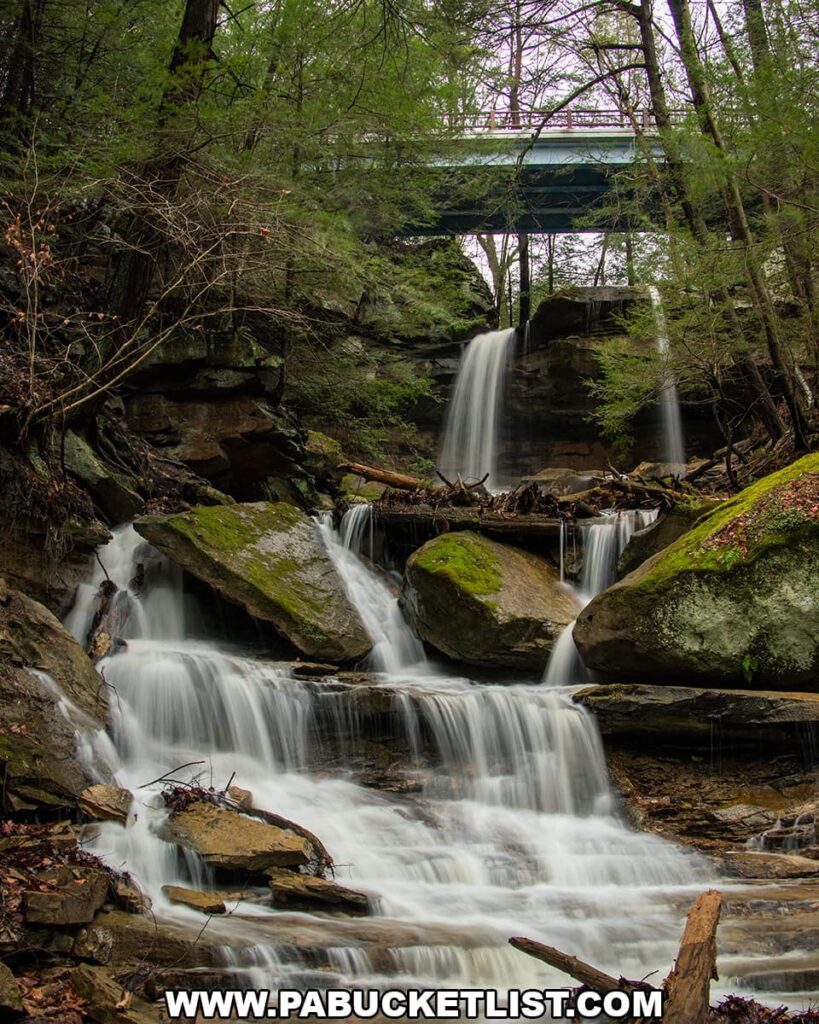 Kildoo Falls cascading over moss-covered rocks beneath a bridge at McConnells Mill State Park in Lawrence County, Pennsylvania.