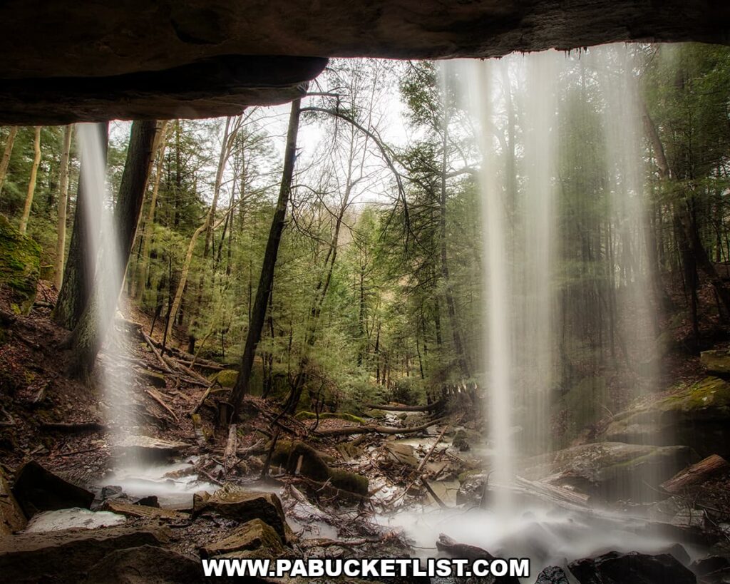 View from behind the cascading veil of Kildoo Falls looking out into the forest at McConnells Mill State Park in Lawrence County, Pennsylvania.