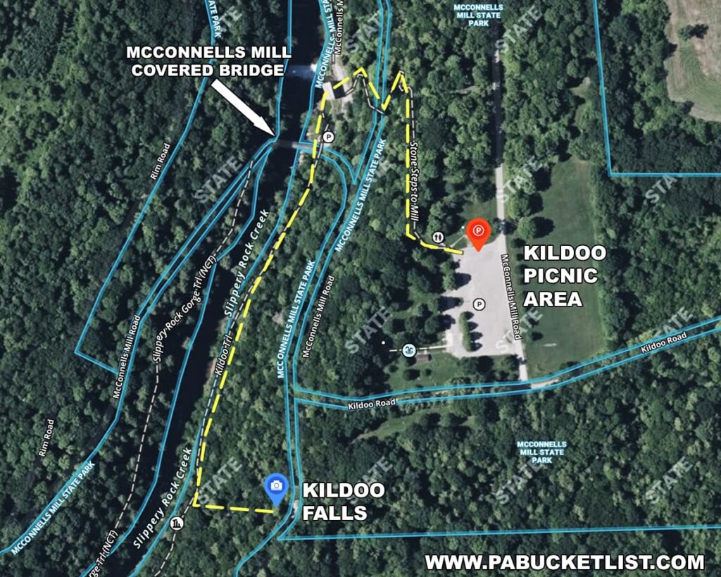 Map showing the route from the Kildoo Picnic Area to Kildoo Falls along the Kildoo Trail at McConnells Mill State Park in Lawrence County, Pennsylvania.