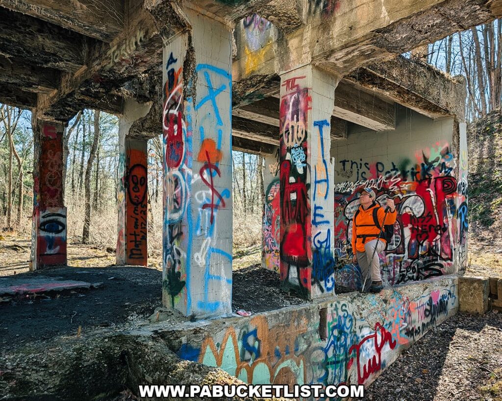 Graffiti-covered concrete ruins from the former iron mining town of Scotia in the Scotia Barrens of Centre County, Pennsylvania.