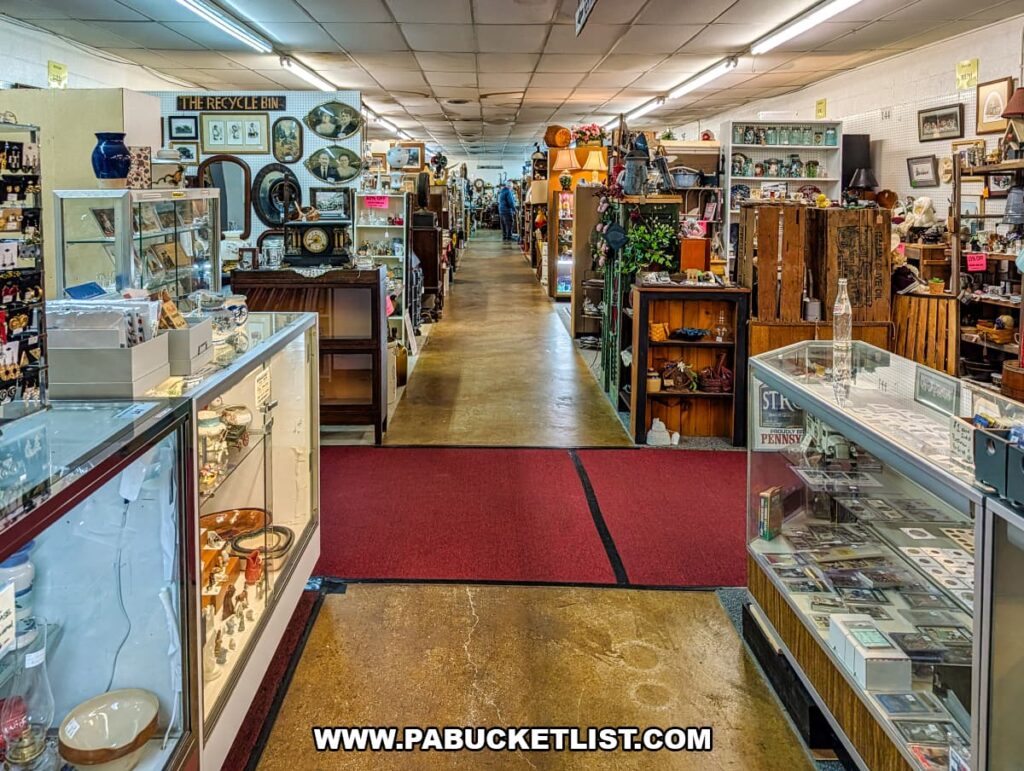 Interior aisle lined with vendor booths and display cases at Fayetteville Antique & Craft Mall in Franklin County, Pennsylvania.