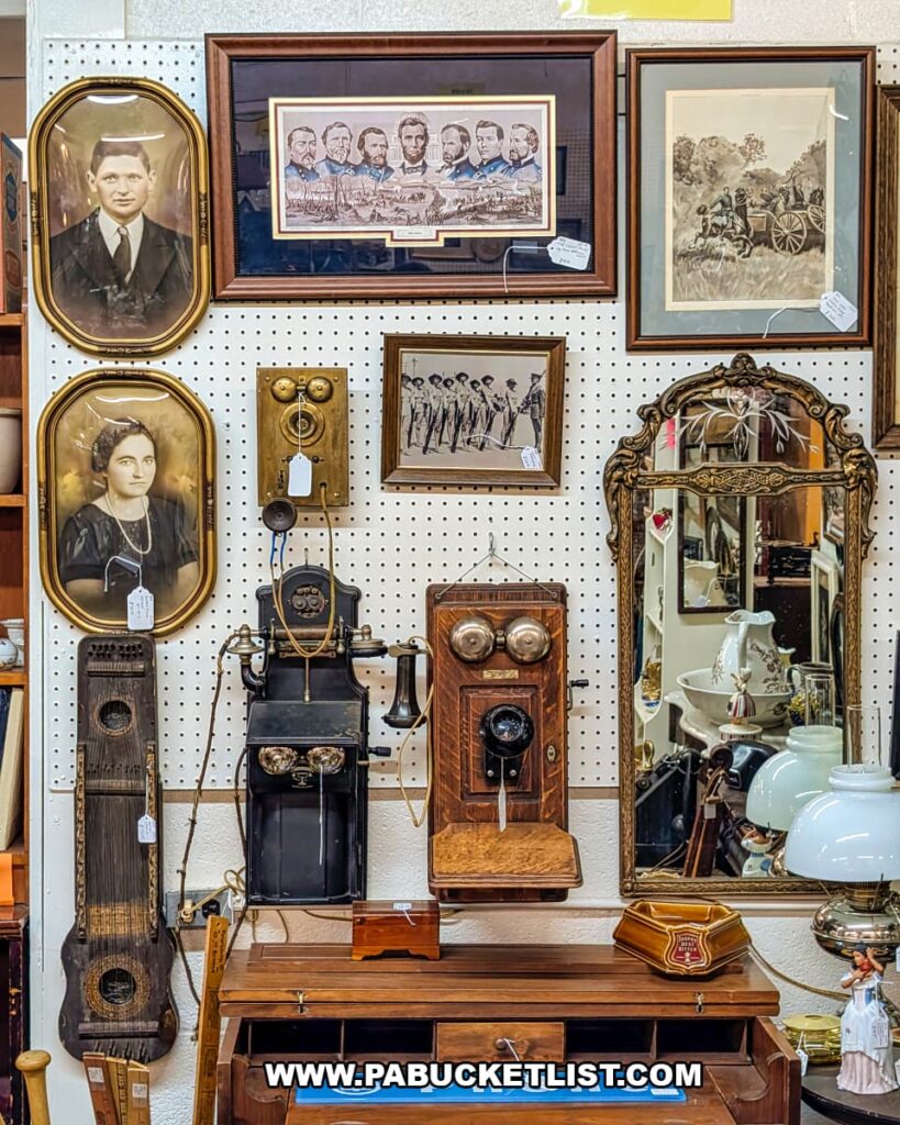 Display of antique telephones, vintage portraits, and framed artwork at Fayetteville Antique & Craft Mall in Franklin County, Pennsylvania.
