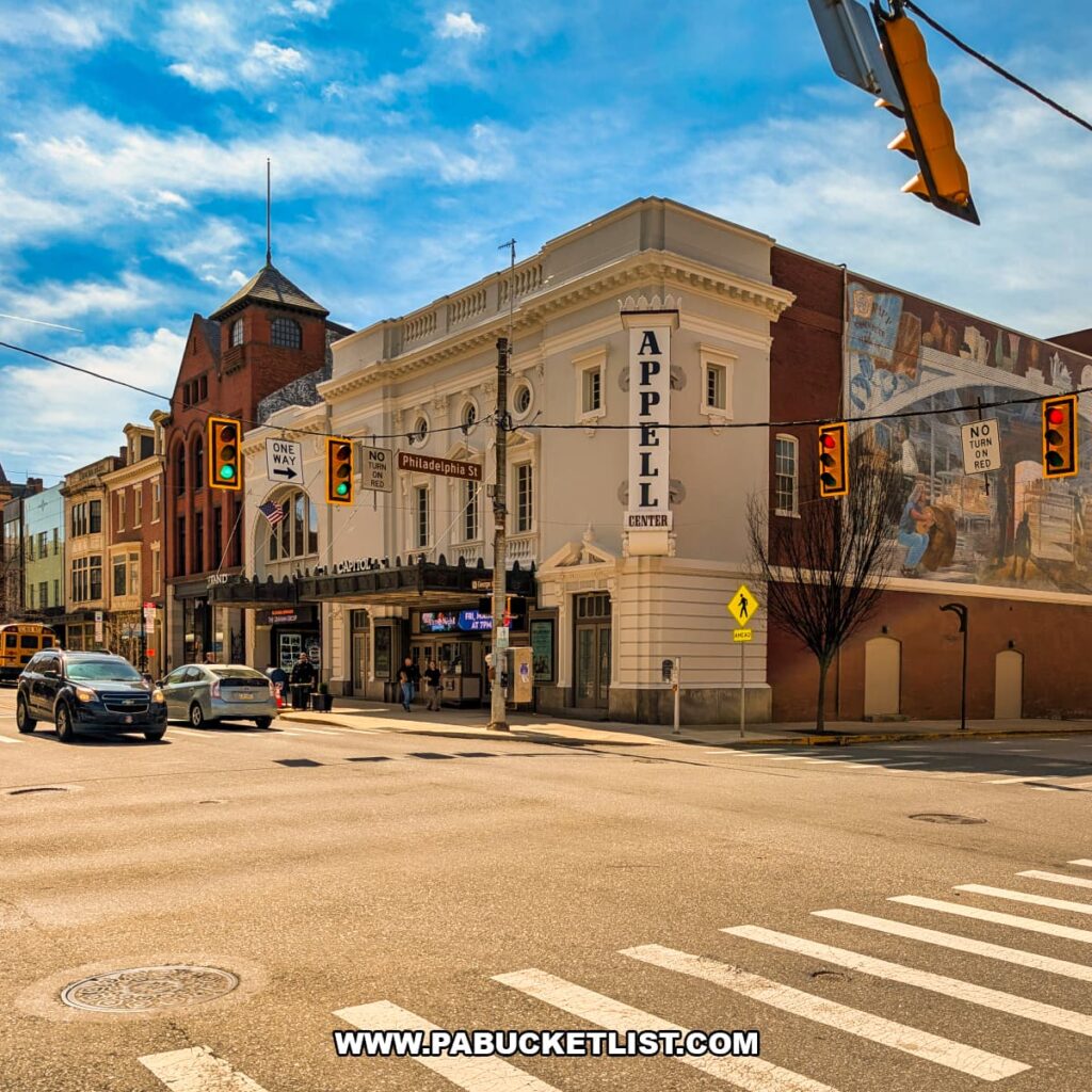 Street view of the Appell Center for the Performing Arts featuring the Strand and Capitol Theatres at a downtown York Pennsylvania intersection.