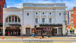 Front view of the historic Strand and Capitol Theatres at the Appell Center for the Performing Arts in downtown York, Pennsylvania.