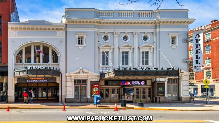 Front view of the historic Strand and Capitol Theatres at the Appell Center for the Performing Arts in downtown York, Pennsylvania.