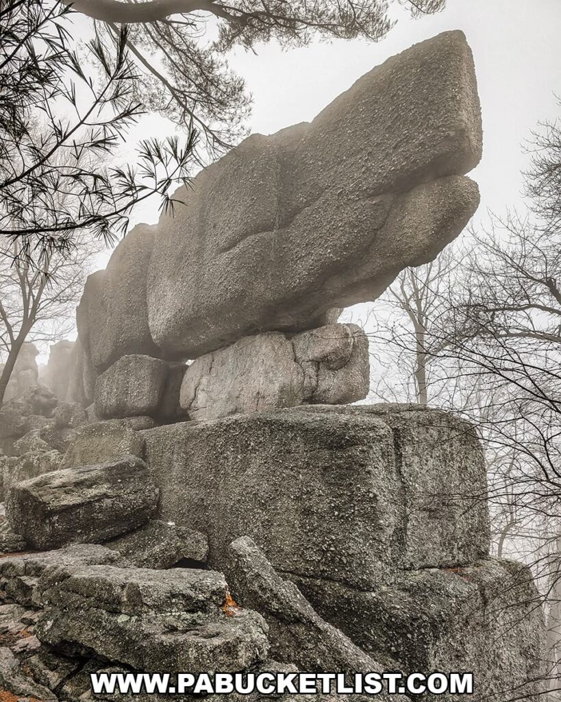 Massive stacked Pottsville conglomerate boulders forming the dramatic “Chinese Wall” rock formation at Boxcar Rocks in Lebanon County, Pennsylvania, surrounded by foggy forest.