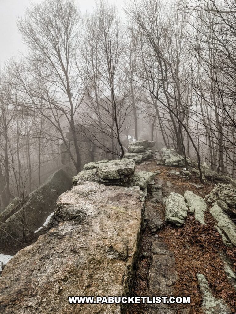Foggy ridgeline view along the Boxcar Rocks conglomerate rock formation on State Game Lands 211 in Lebanon County, Pennsylvania, with stacked boulders and leafless trees lining the narrow outcrop trail.