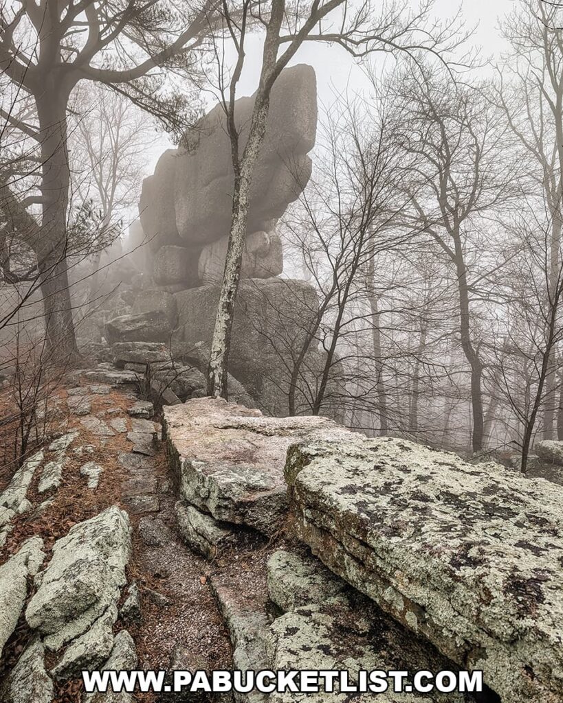 Foggy forest trail leading toward the massive stacked conglomerate rock formation known as Boxcar Rocks in Lebanon County, Pennsylvania.