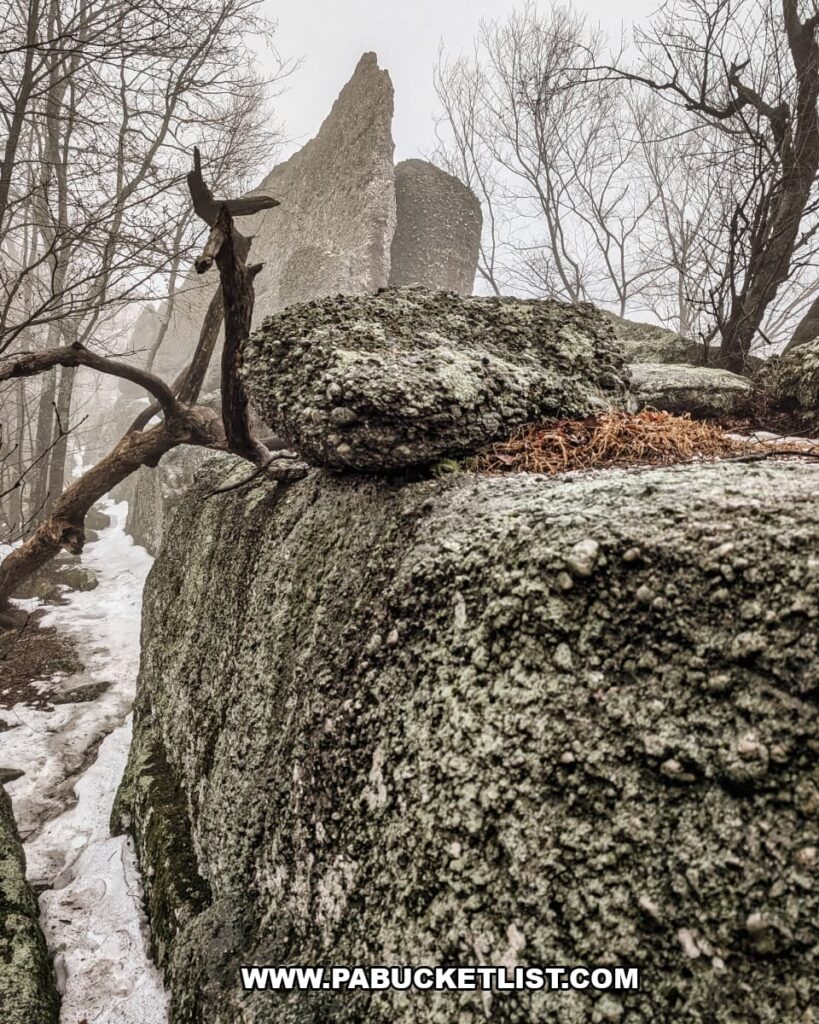 Close-up view of the Pottsville conglomerate rock outcropping at Boxcar Rocks in Lebanon County, Pennsylvania, with a snowy trail and foggy forest surrounding the towering formation.