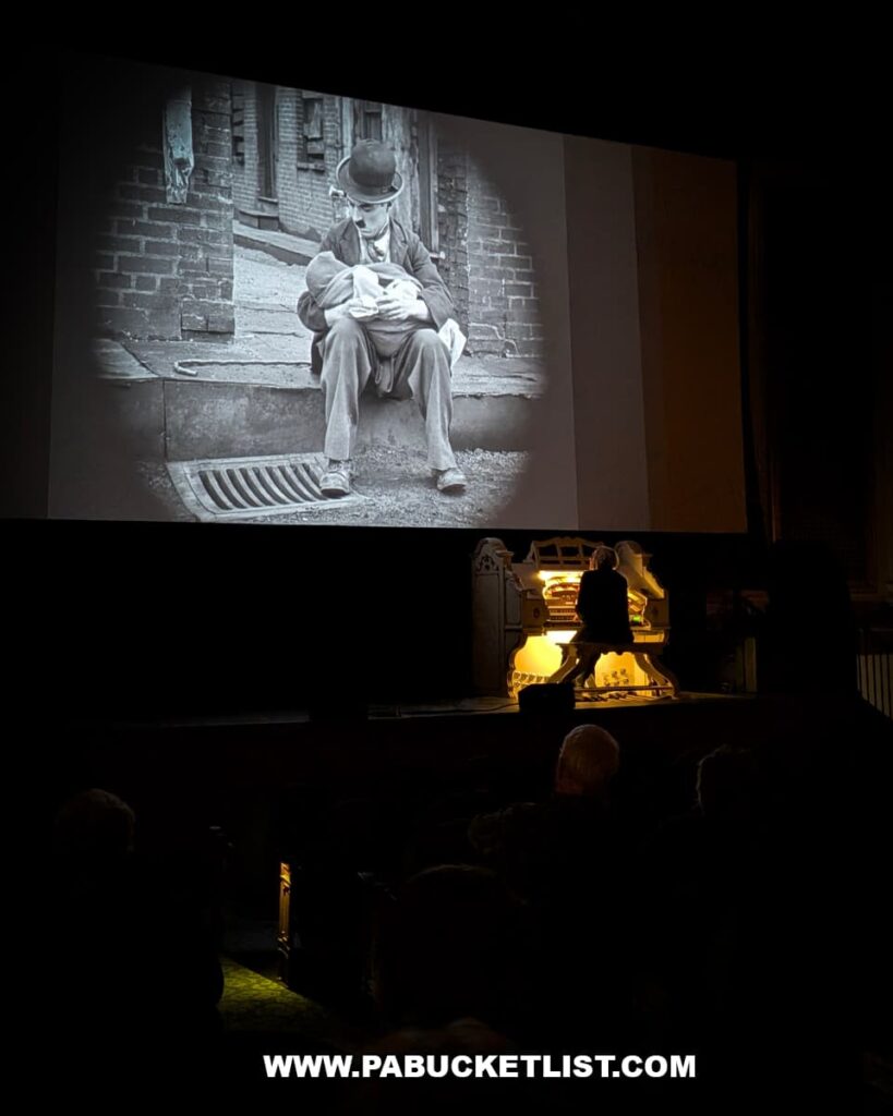 Audience watching a silent Charlie Chaplin film with live accompaniment on the Mighty Wurlitzer organ at the Capitol Theatre in the Appell Center for the Performing Arts in York, Pennsylvania.