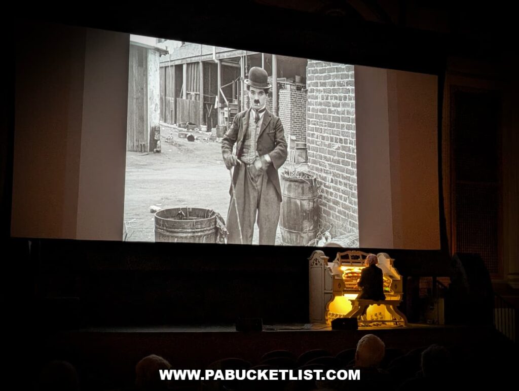 Silent film featuring Charlie Chaplin playing on screen with live accompaniment on the Mighty Wurlitzer organ at the Capitol Theatre in the Appell Center for the Performing Arts in York, Pennsylvania.