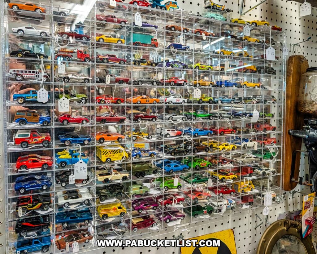 Large display case filled with diecast model cars and toy vehicles at Fayetteville Antique & Craft Mall in Franklin County, Pennsylvania.