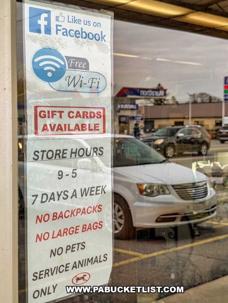 Store hours sign on the entrance door at Fayetteville Antique & Craft Mall in Franklin County, Pennsylvania.