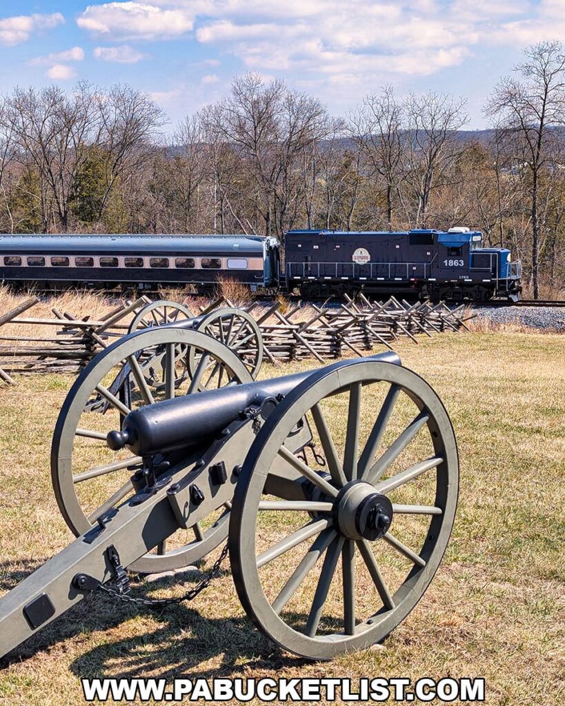Civil War cannon overlooking the Gettysburg Battlefield with a Gettysburg Railway sightseeing excursion train led by locomotive 1863 passing behind a split-rail fence in Gettysburg, Pennsylvania.