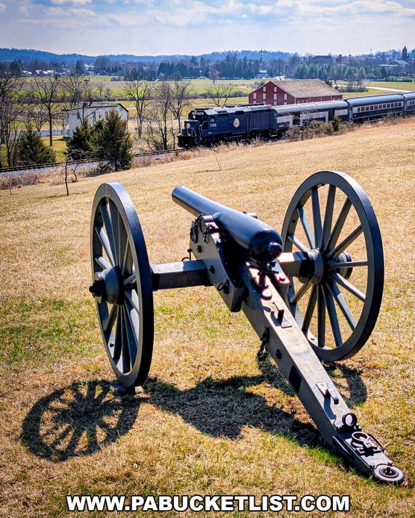 Civil War cannon overlooking the Gettysburg Battlefield with a Gettysburg Railway sightseeing excursion train and historic red barn visible in the background in Gettysburg, Pennsylvania.