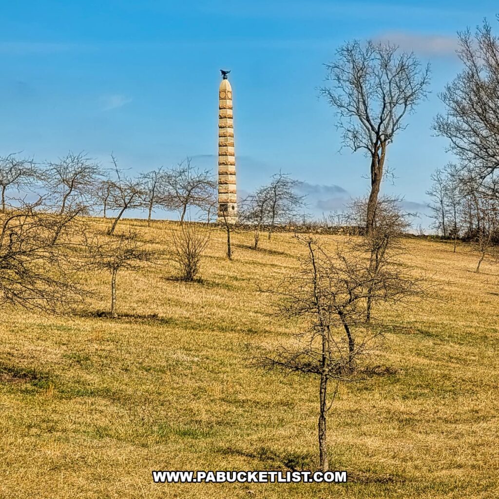 View of monument on Oak Hill at the Gettysburg Battlefield as seen from a Gettysburg Railway sightseeing train excursion in Gettysburg, Pennsylvania.