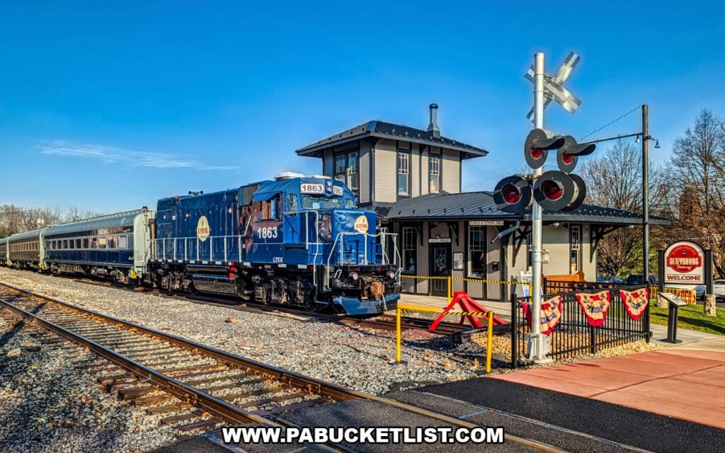 Gettysburg Railway excursion train led by locomotive 1863 beside the historic Gettysburg train station and railroad crossing in Gettysburg, Pennsylvania.