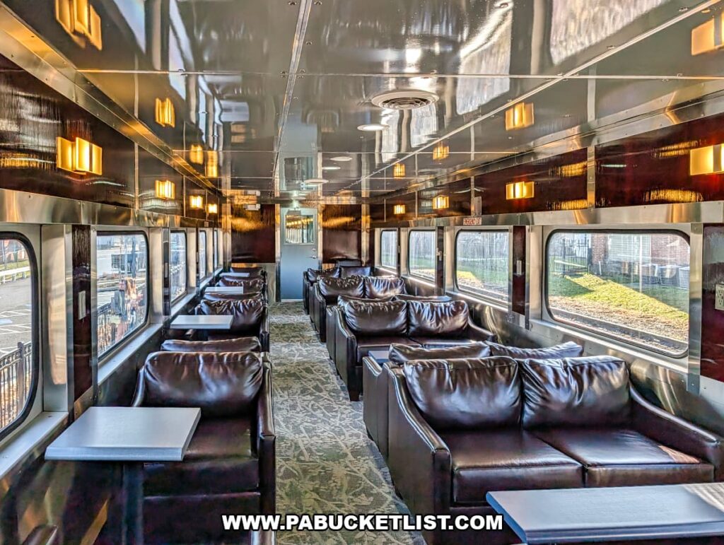 Interior of a Gettysburg Railway sightseeing excursion train car featuring leather lounge seating and tables in Gettysburg, Pennsylvania.