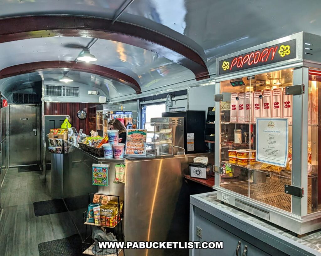 Interior of the snack bar and popcorn stand aboard a Gettysburg Railway sightseeing excursion train in Gettysburg, Pennsylvania.