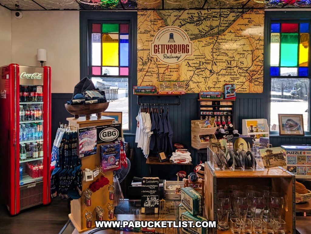 Gift shop inside the Gettysburg Railway station featuring souvenirs, apparel, puzzles, and a Gettysburg Railway map display in Gettysburg, Pennsylvania.