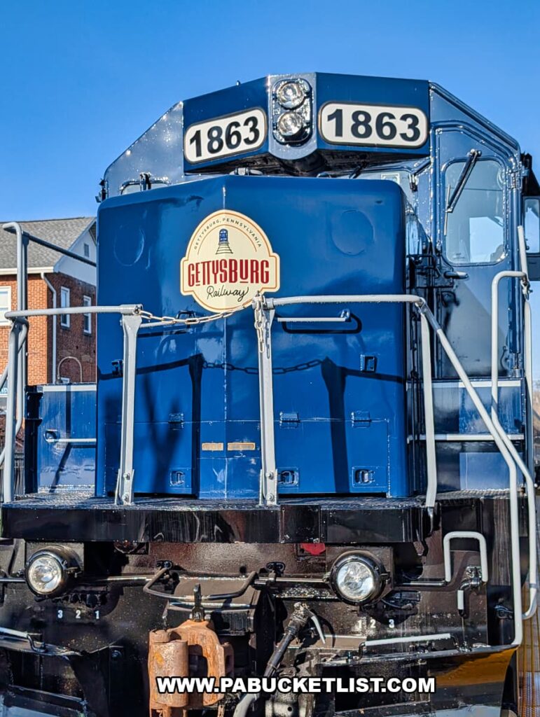 Front view of Gettysburg Railway locomotive number 1863 at the Gettysburg train station in Gettysburg, Pennsylvania.